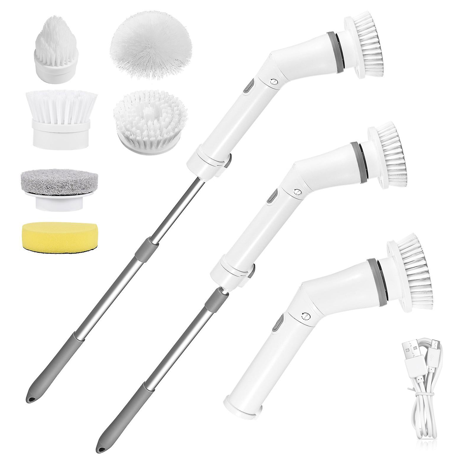 Everything included — scrubber, extension poles, 6 heads, charging cable