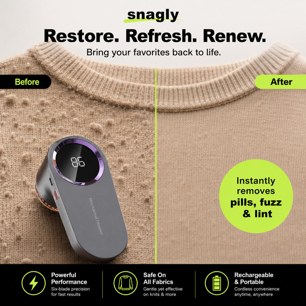 Before and after: fabric shaver removes pills, fuzz and lint from a sweater