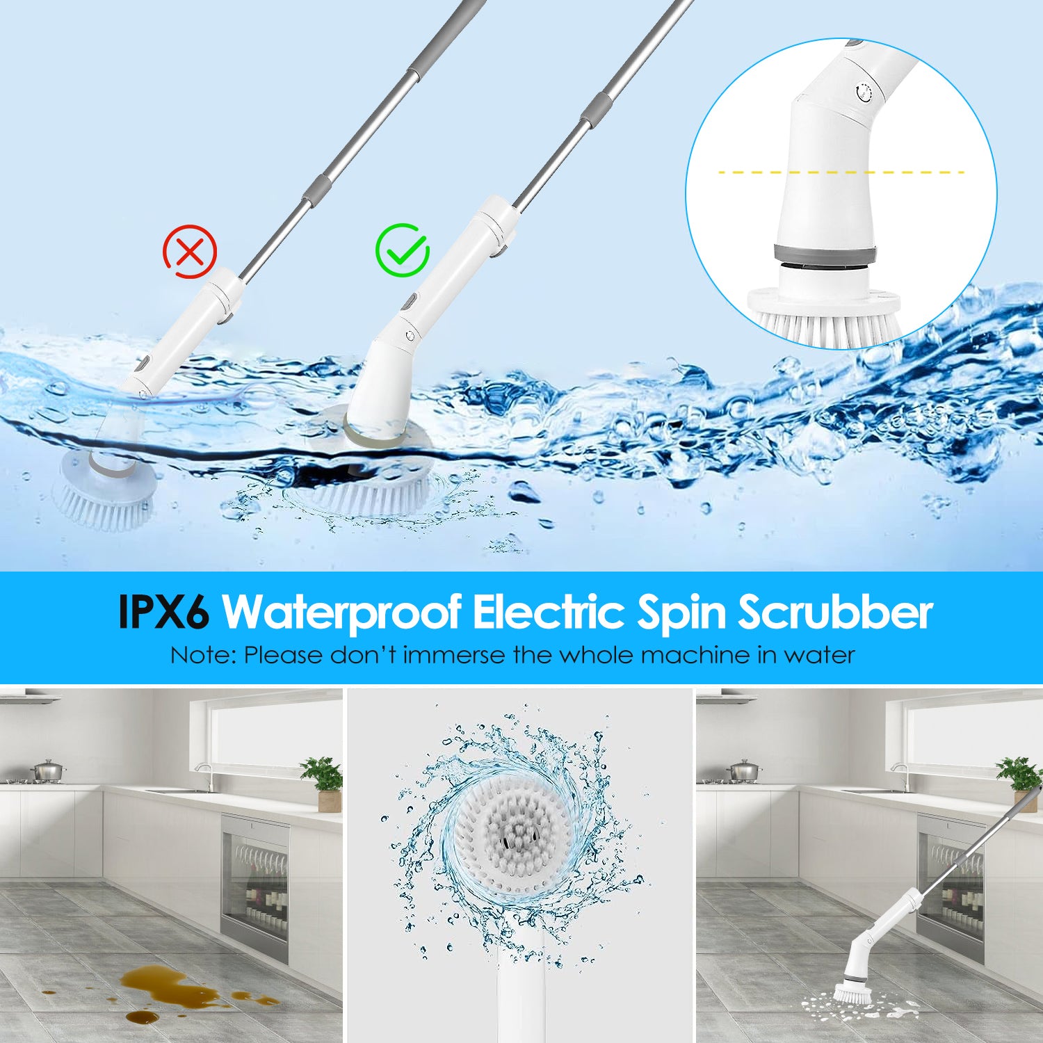 IPX6 waterproof electric spin scrubber — safe for wet cleaning