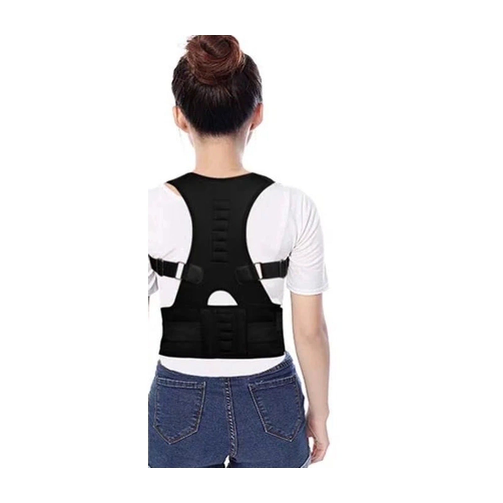 Woman wearing the Snagly magnetic posture corrector, back view