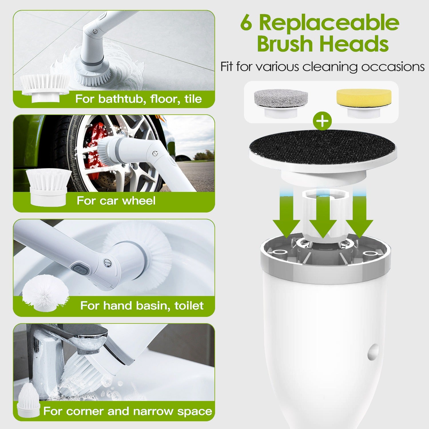 6 replaceable brush heads for bathtub, tile, car wheels, basins, and corners