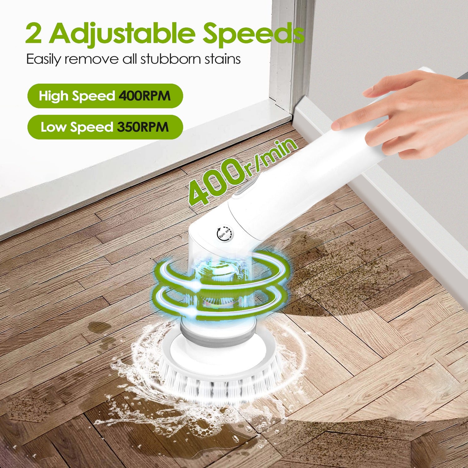 Two adjustable speeds — 400 RPM high, 350 RPM low